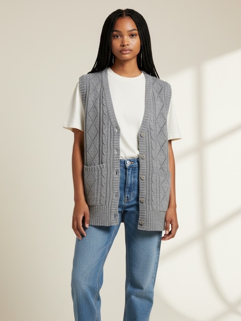 Vintage Empire sweater vest Sz L Cable Pointelle Knit Grandpacore Cabincore